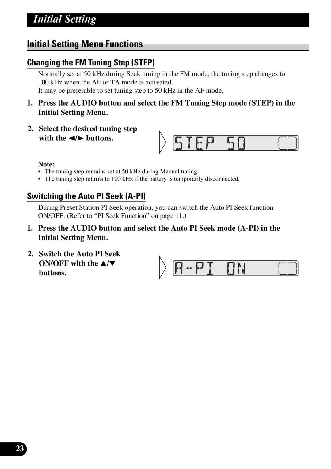 Pioneer KEH-3930R Initial Setting Menu Functions, Changing the FM Tuning Step Step, Switching the Auto PI Seek A-PI 