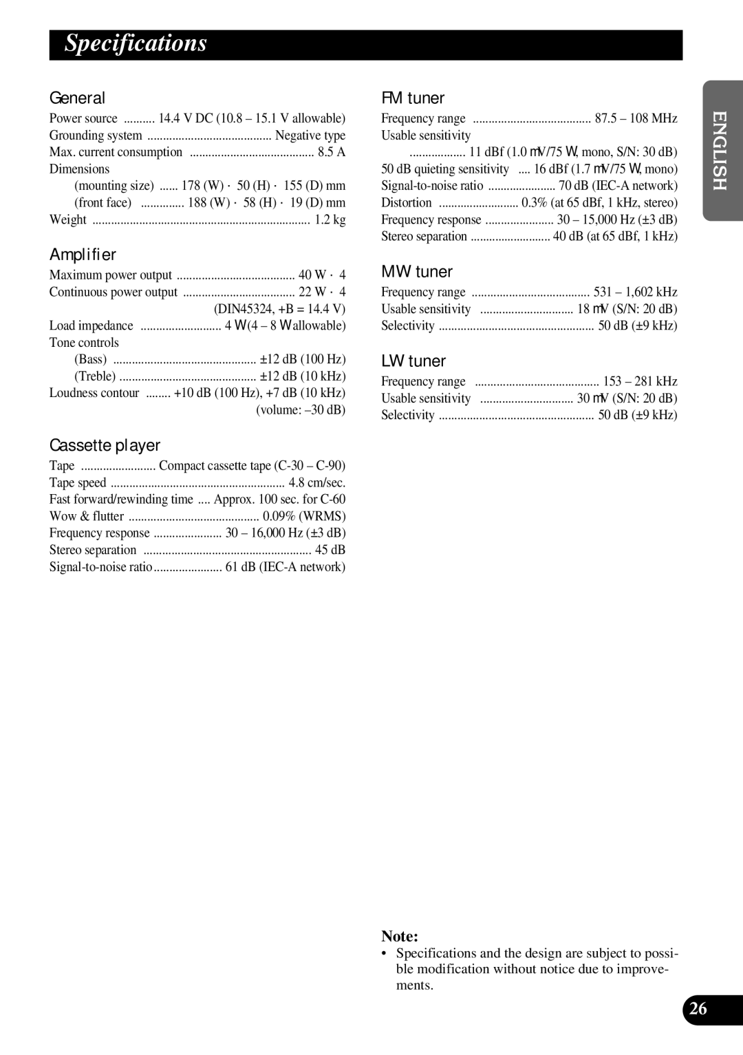 Pioneer KEH-3900R, KEH-3930R operation manual Specifications 