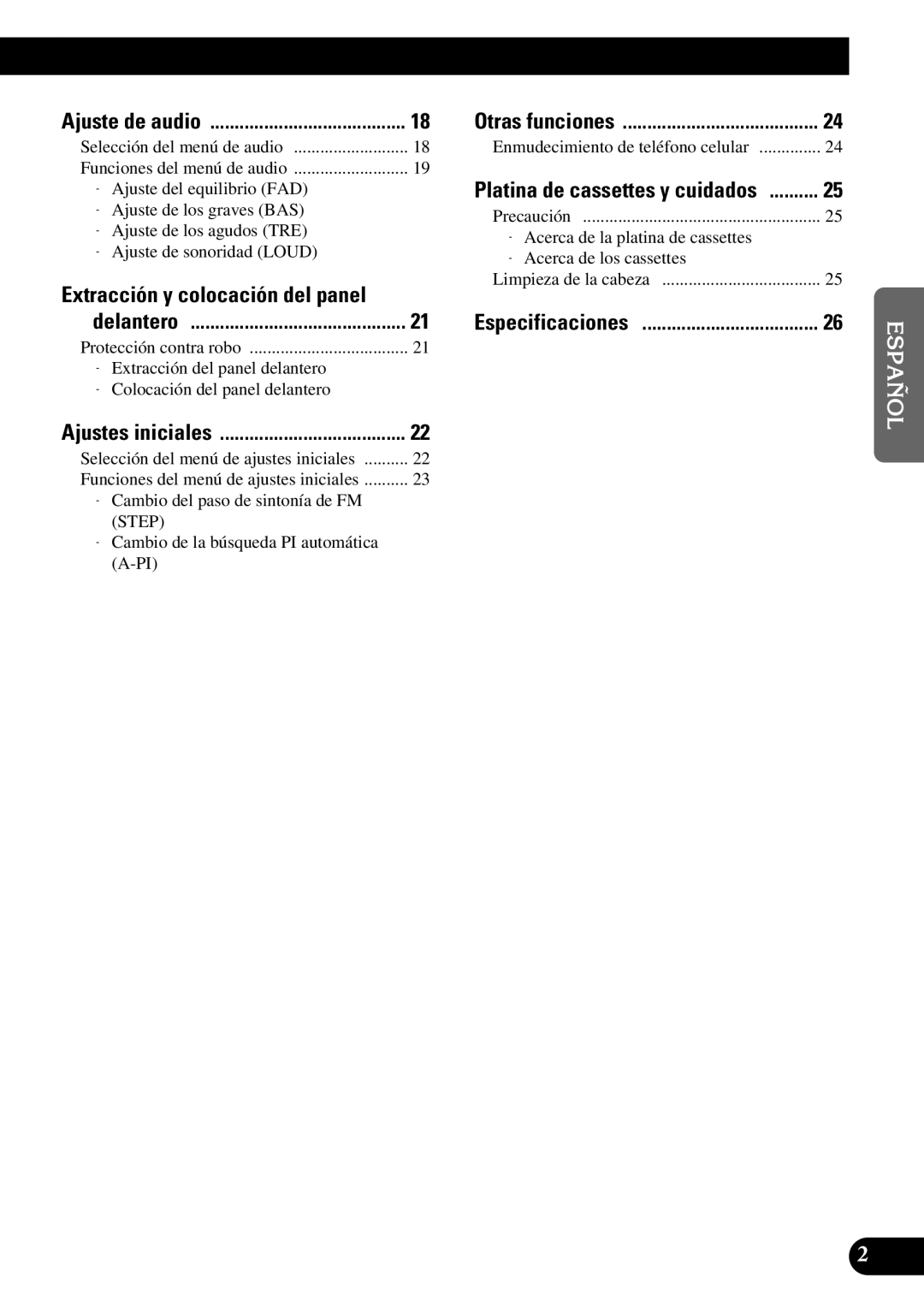 Pioneer KEH-3900R Ajuste de audio, Extracción y colocación del panel Delantero, Ajustes iniciales, Especificaciones 