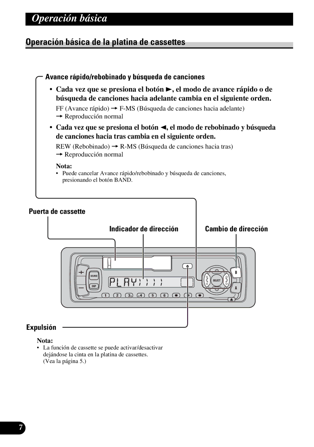 Pioneer KEH-3930R Operación básica de la platina de cassettes, Avance rápido/rebobinado y búsqueda de canciones, Expulsión 