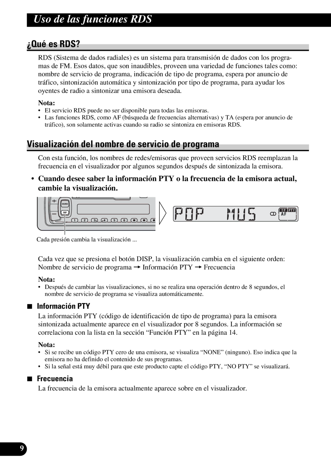 Pioneer KEH-3930R Uso de las funciones RDS, ¿Qué es RDS?, Visualización del nombre de servicio de programa, Frecuencia 