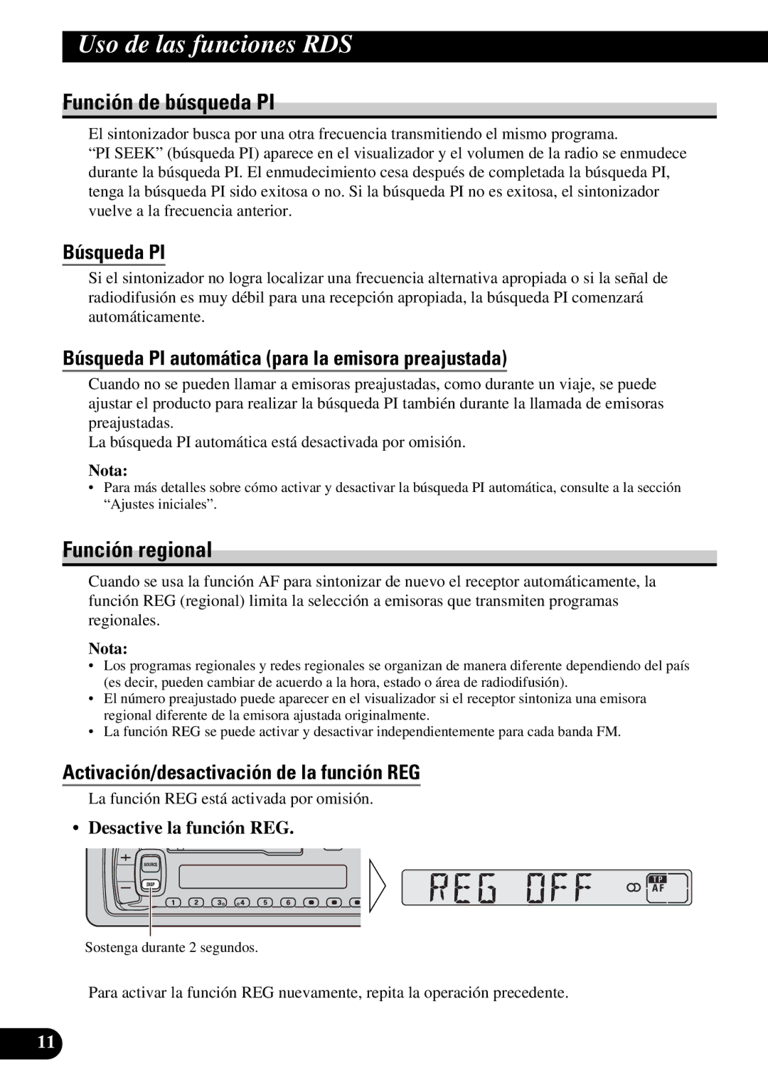 Pioneer KEH-3930R Función de búsqueda PI, Función regional, Búsqueda PI, Activación/desactivación de la función REG 