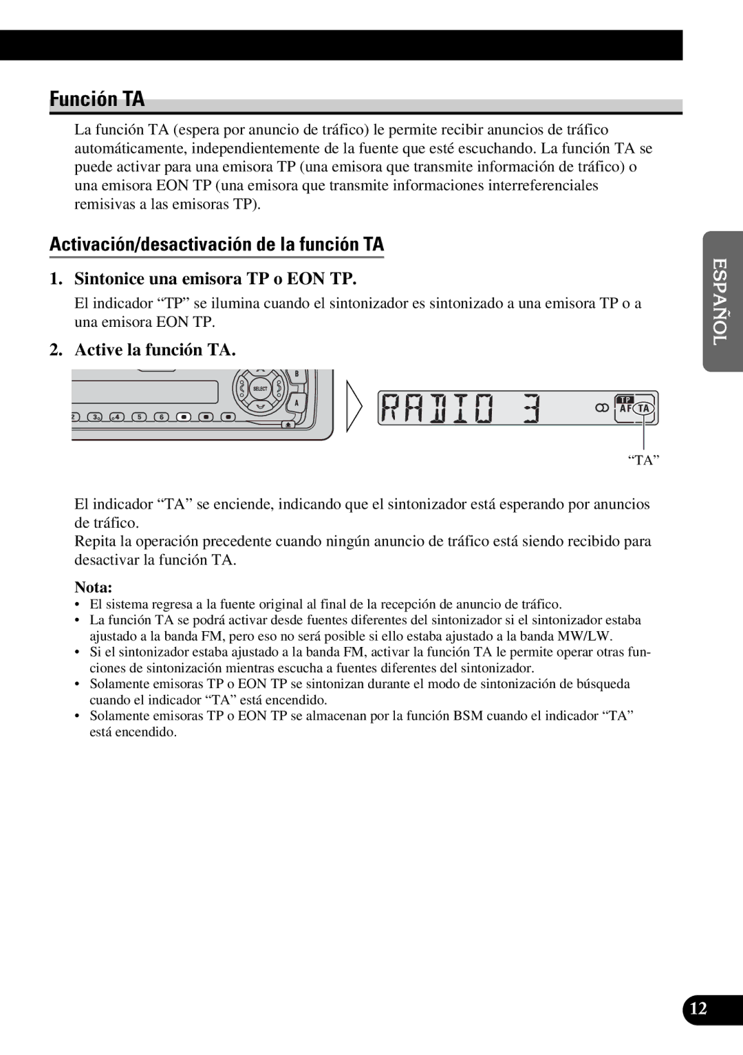 Pioneer KEH-3900R, KEH-3930R Función TA, Activación/desactivación de la función TA, Sintonice una emisora TP o EON TP 