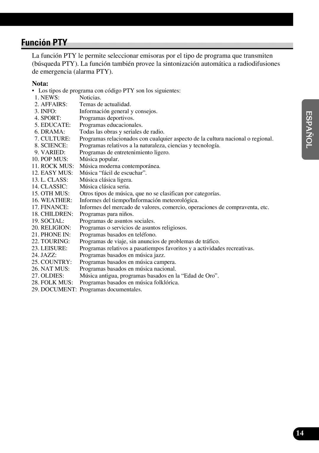 Pioneer KEH-3900R, KEH-3930R operation manual Función PTY 