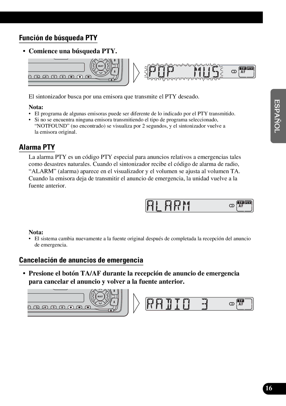 Pioneer KEH-3900R Función de búsqueda PTY, Alarma PTY, Cancelación de anuncios de emergencia, Comience una búsqueda PTY 