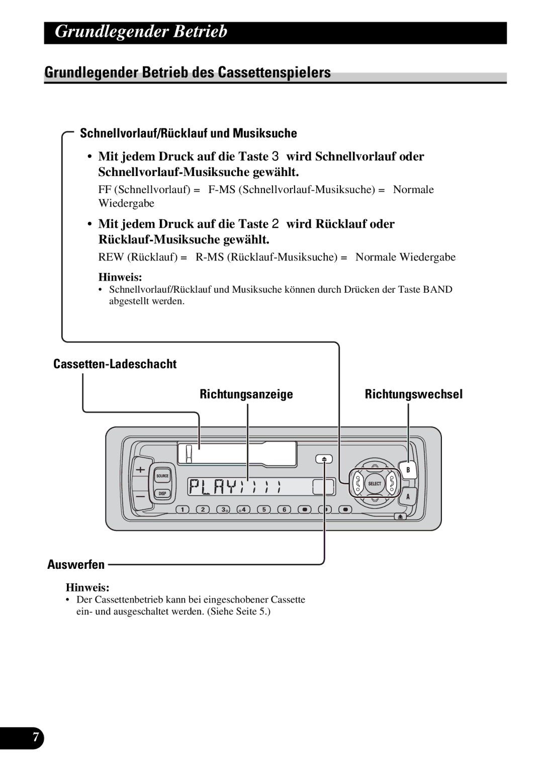 Pioneer KEH-3930R, KEH-3900R Grundlegender Betrieb des Cassettenspielers, Schnellvorlauf/Rücklauf und Musiksuche 