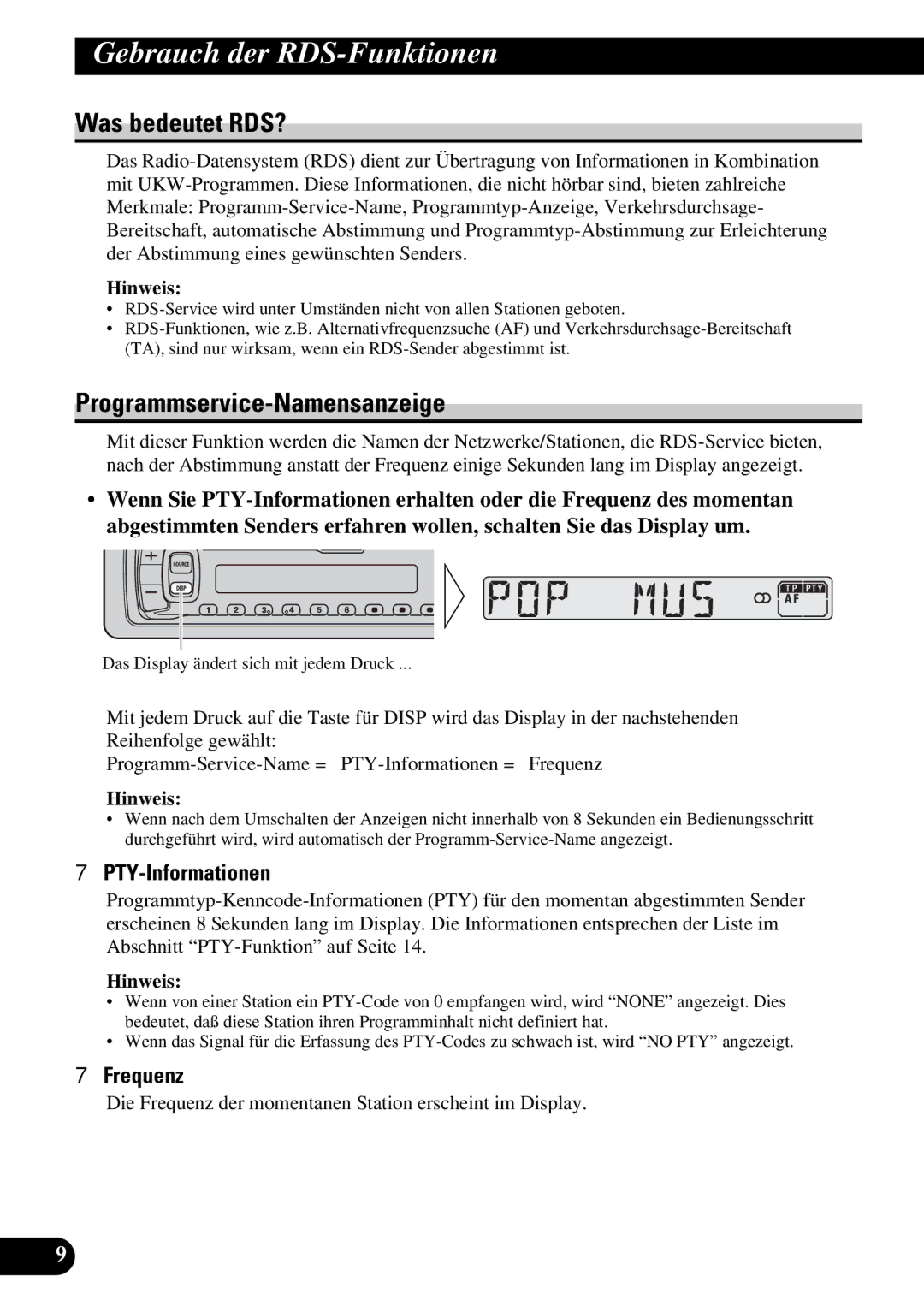 Pioneer KEH-3930R Gebrauch der RDS-Funktionen, Was bedeutet RDS?, Programmservice-Namensanzeige, PTY-Informationen 