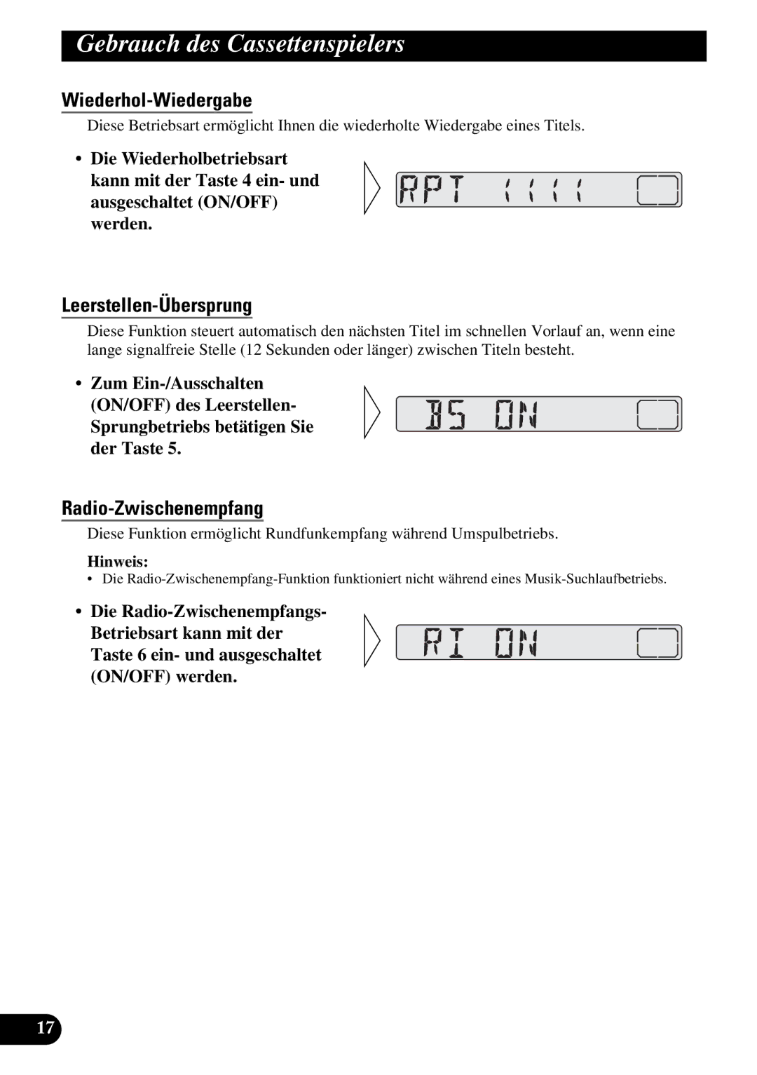 Pioneer KEH-3930R Gebrauch des Cassettenspielers, Wiederhol-Wiedergabe, Leerstellen-Übersprung, Radio-Zwischenempfang 