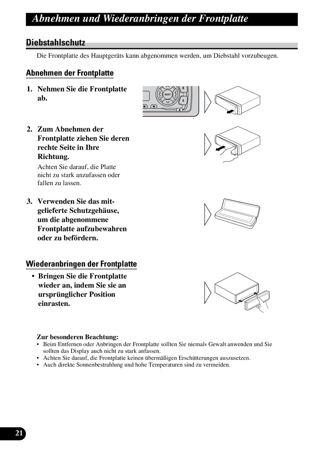 Pioneer KEH-3930R, KEH-3900R Abnehmen und Wiederanbringen der Frontplatte, Diebstahlschutz, Abnehmen der Frontplatte 