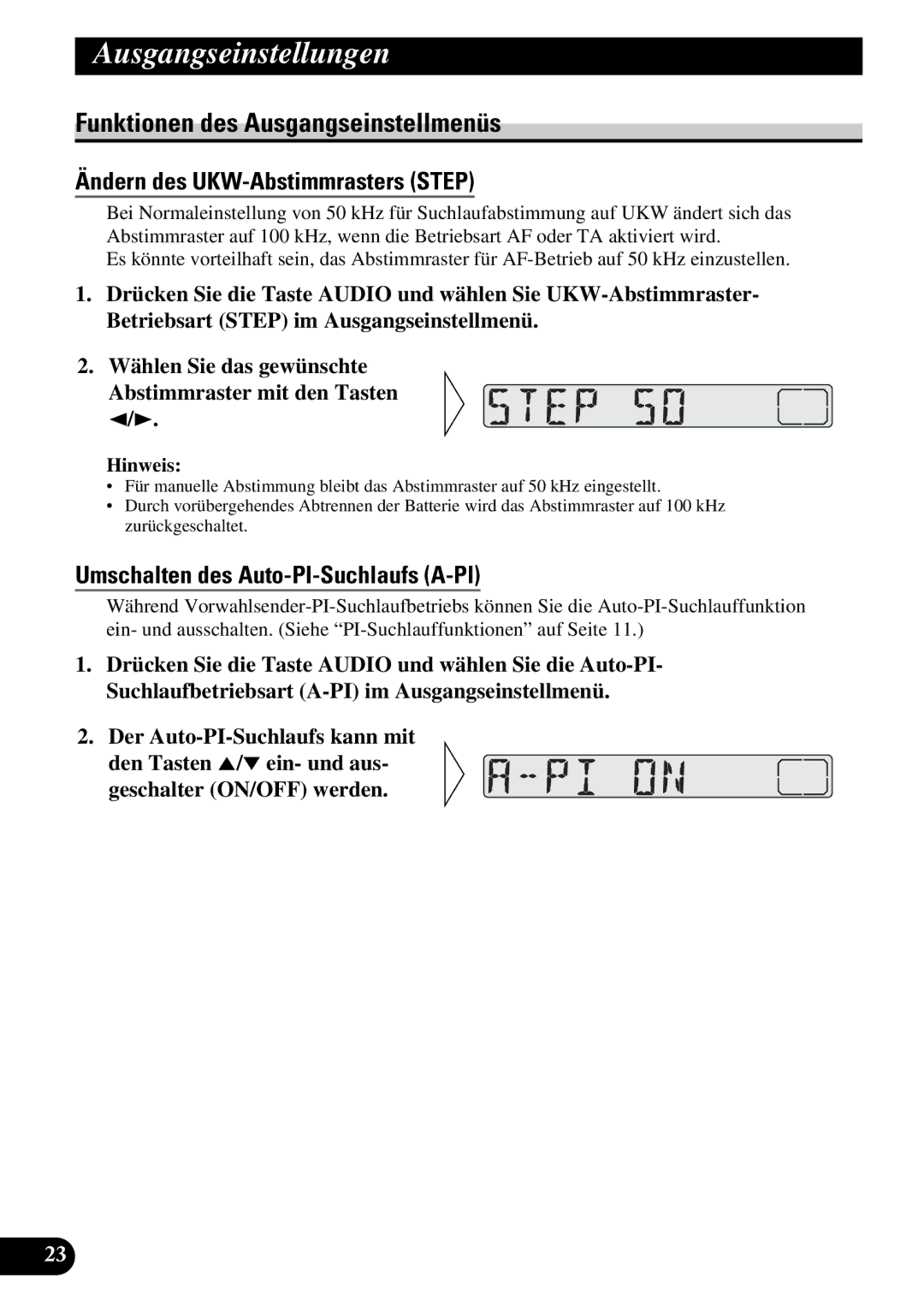 Pioneer KEH-3930R, KEH-3900R operation manual Funktionen des Ausgangseinstellmenüs, Ändern des UKW-Abstimmrasters Step 