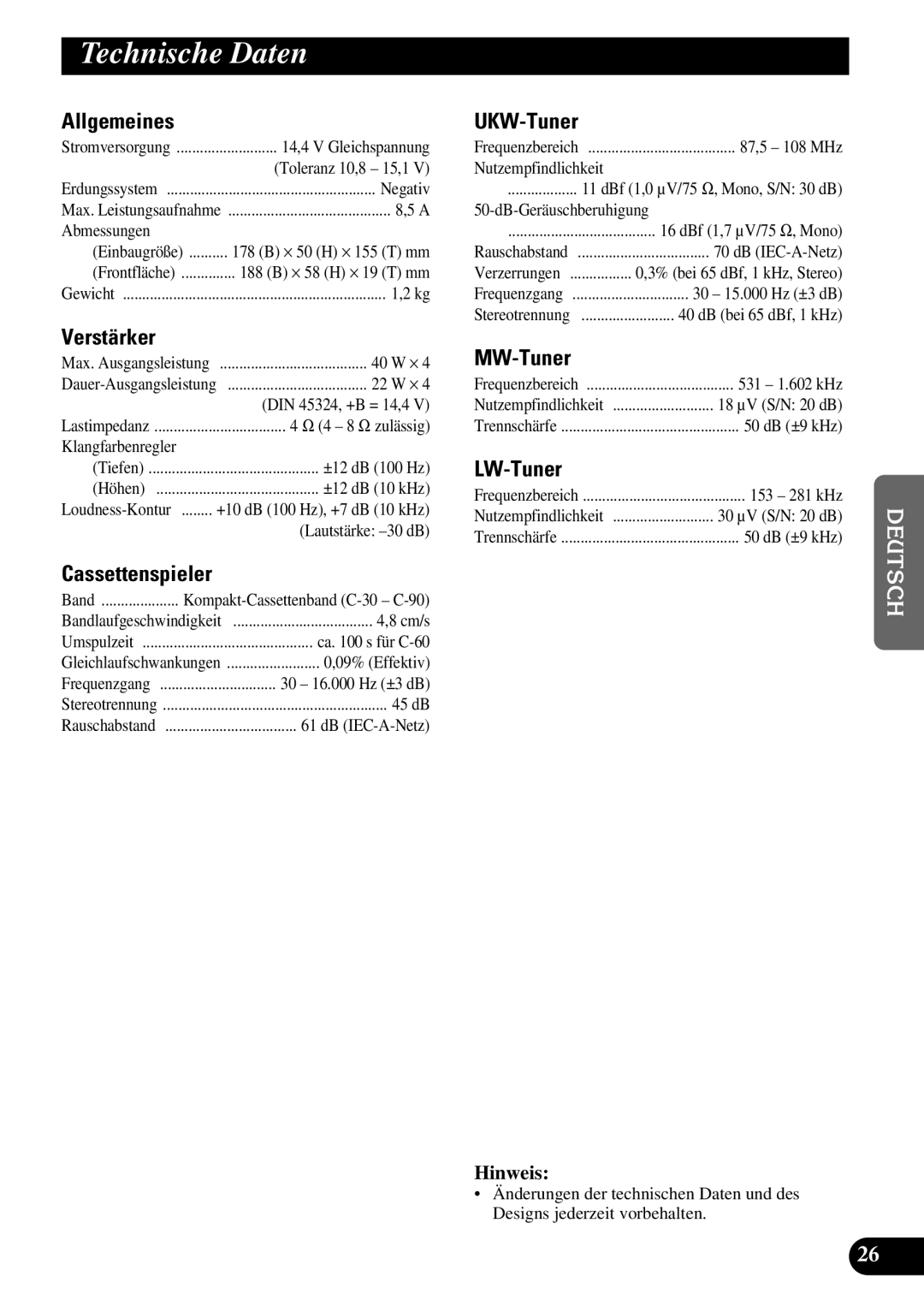 Pioneer KEH-3900R, KEH-3930R operation manual Technische Daten, UKW-Tuner, Verstärker, MW-Tuner, LW-Tuner 