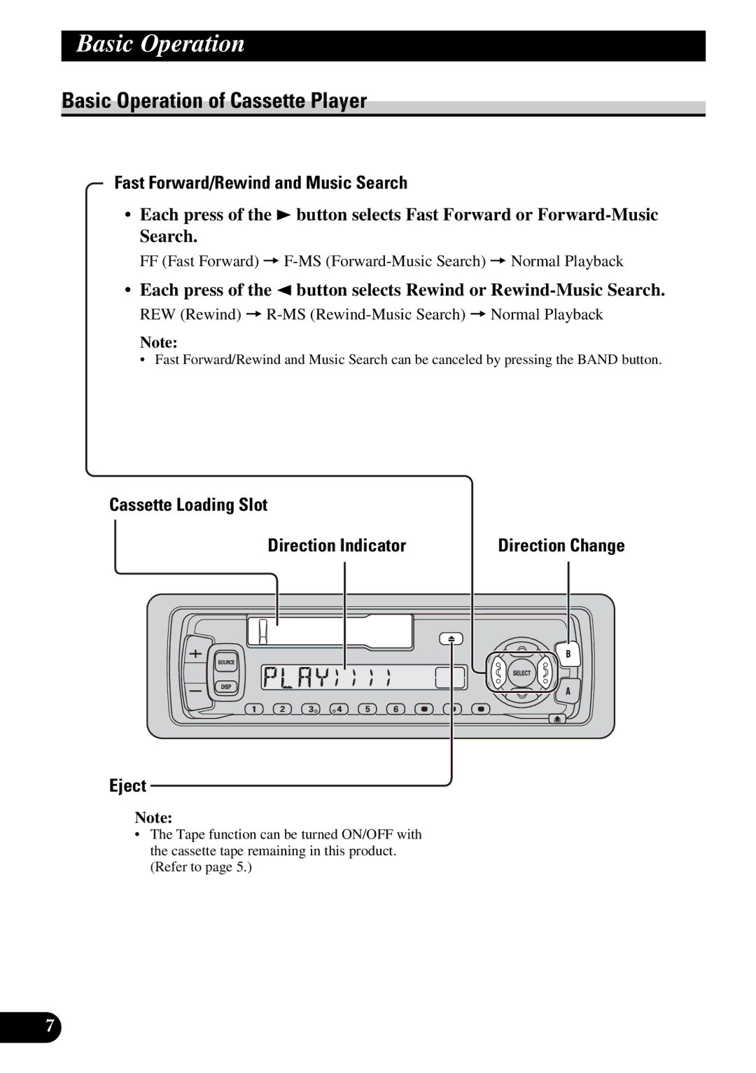 Pioneer KEH-3930R, KEH-3900R Basic Operation of Cassette Player, Fast Forward/Rewind and Music Search, Eject 