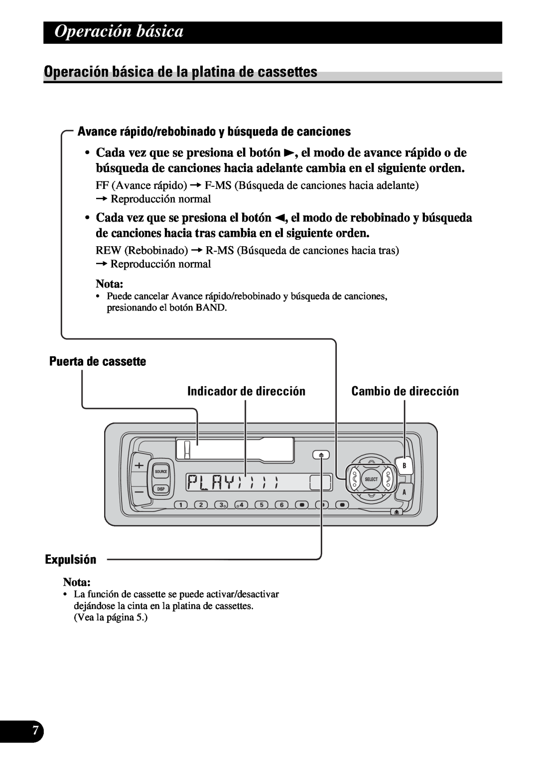 Pioneer KEH-3930R Operación básica de la platina de cassettes, Avance rápido/rebobinado y búsqueda de canciones, Expulsión 