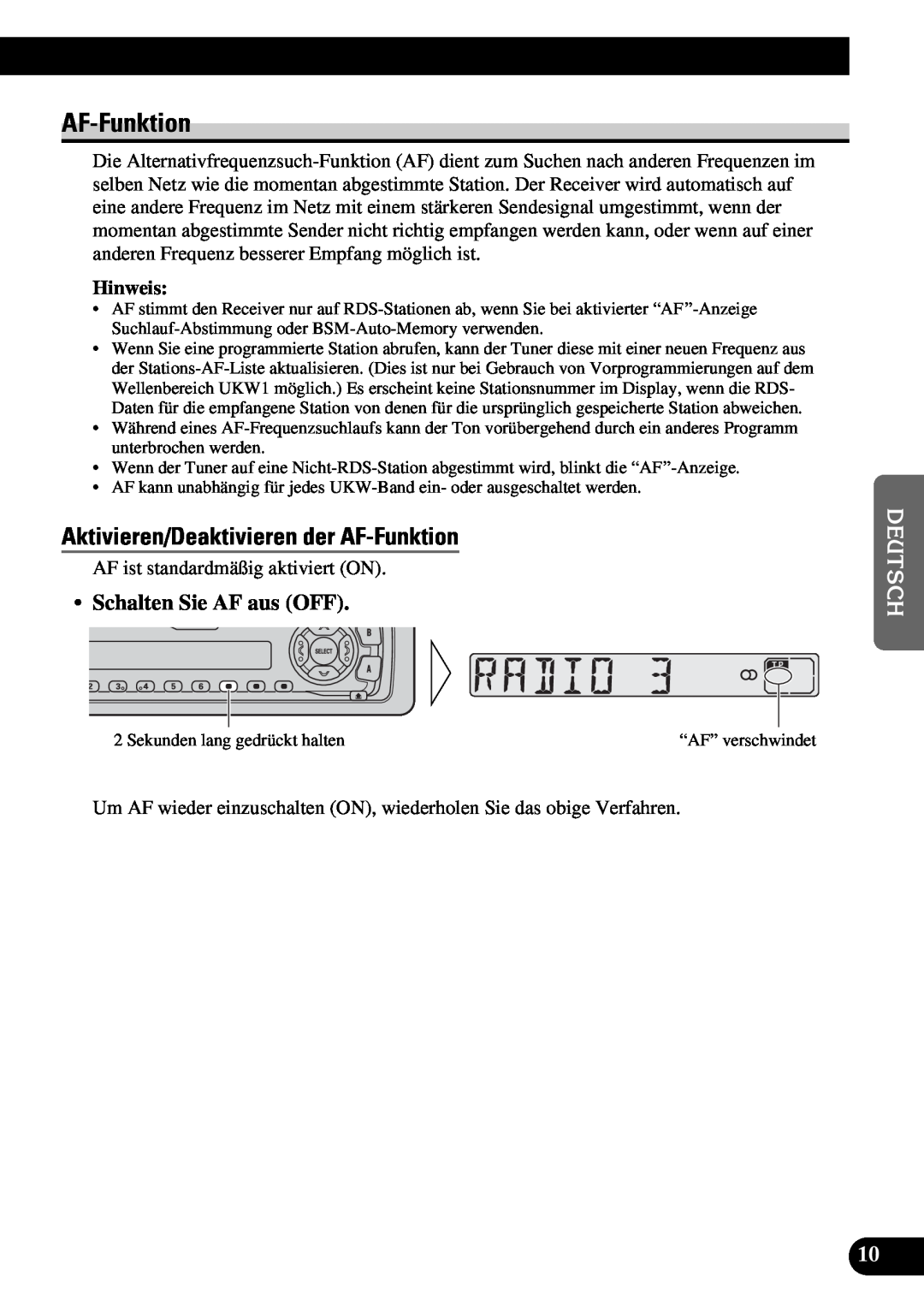 Pioneer KEH-3900R, KEH-3930R operation manual Aktivieren/Deaktivieren der AF-Funktion, Hinweis 