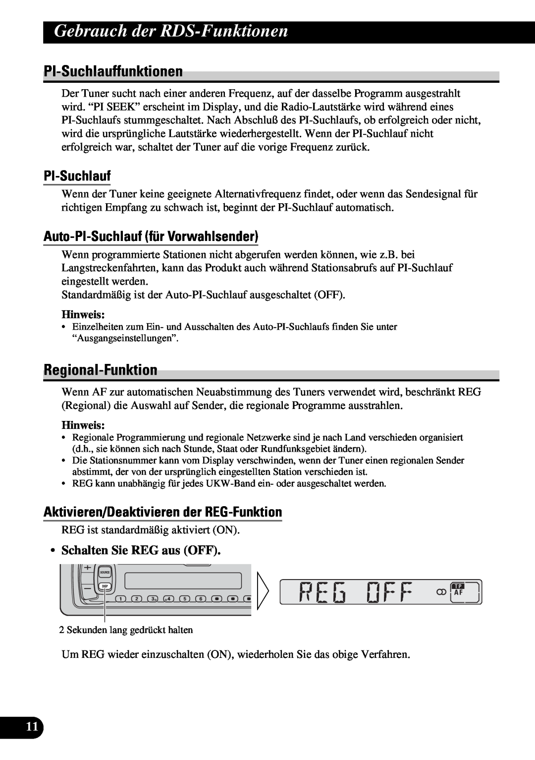 Pioneer KEH-3930R PI-Suchlauffunktionen, Regional-Funktion, Auto-PI-Suchlauffür Vorwahlsender, Gebrauch der RDS-Funktionen 