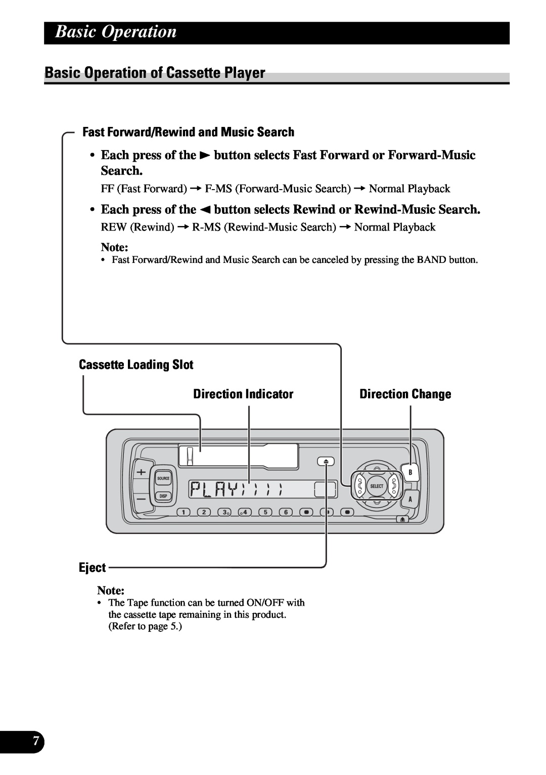 Pioneer KEH-3930R Basic Operation of Cassette Player, Fast Forward/Rewind and Music Search, Cassette Loading Slot, Eject 