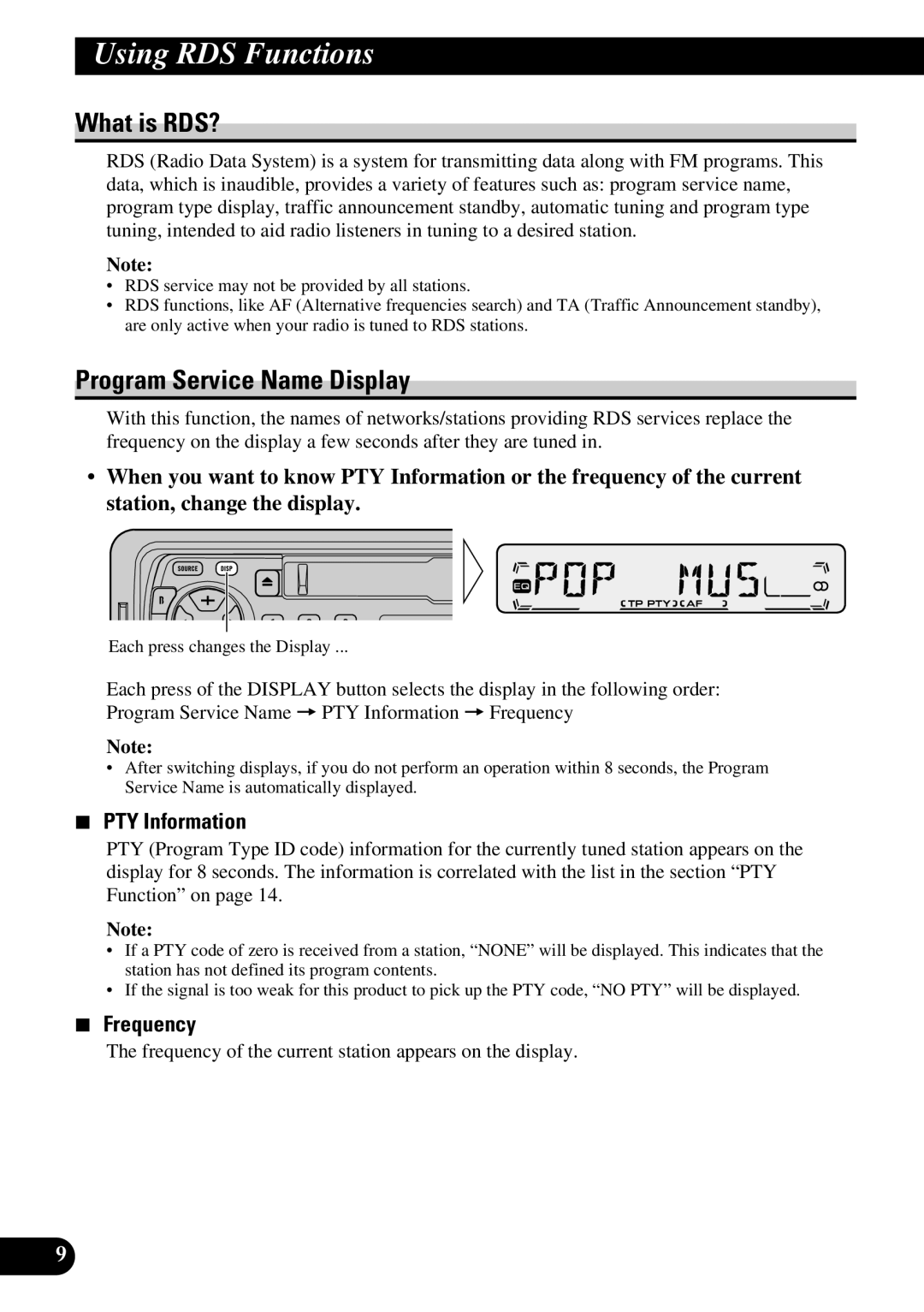 Pioneer KEH-P1013R, KEH-P1010R Using RDS Functions, What is RDS?, Program Service Name Display, PTY Information, Frequency 