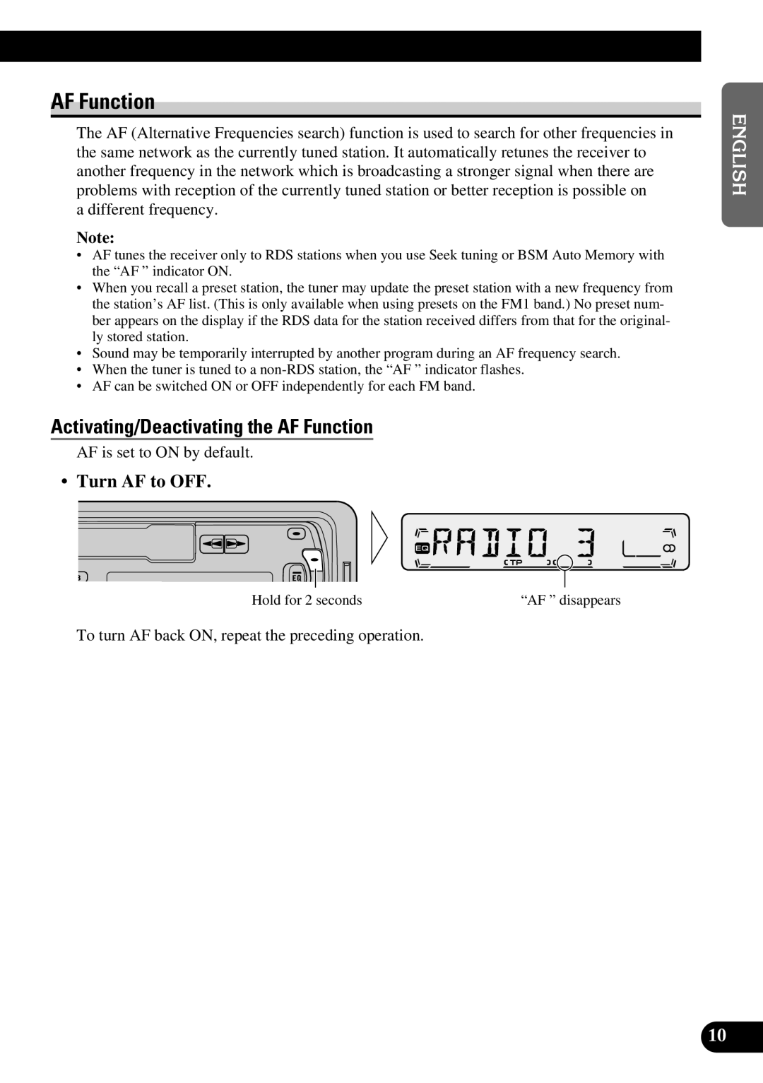 Pioneer KEH-P1010R, KEH-P1013R operation manual Activating/Deactivating the AF Function, Turn AF to OFF 