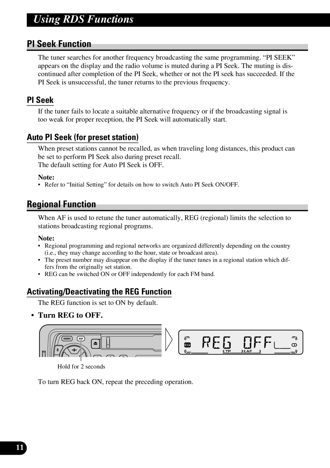 Pioneer KEH-P1013R, KEH-P1010R operation manual PI Seek Function, Regional Function, Auto PI Seek for preset station 