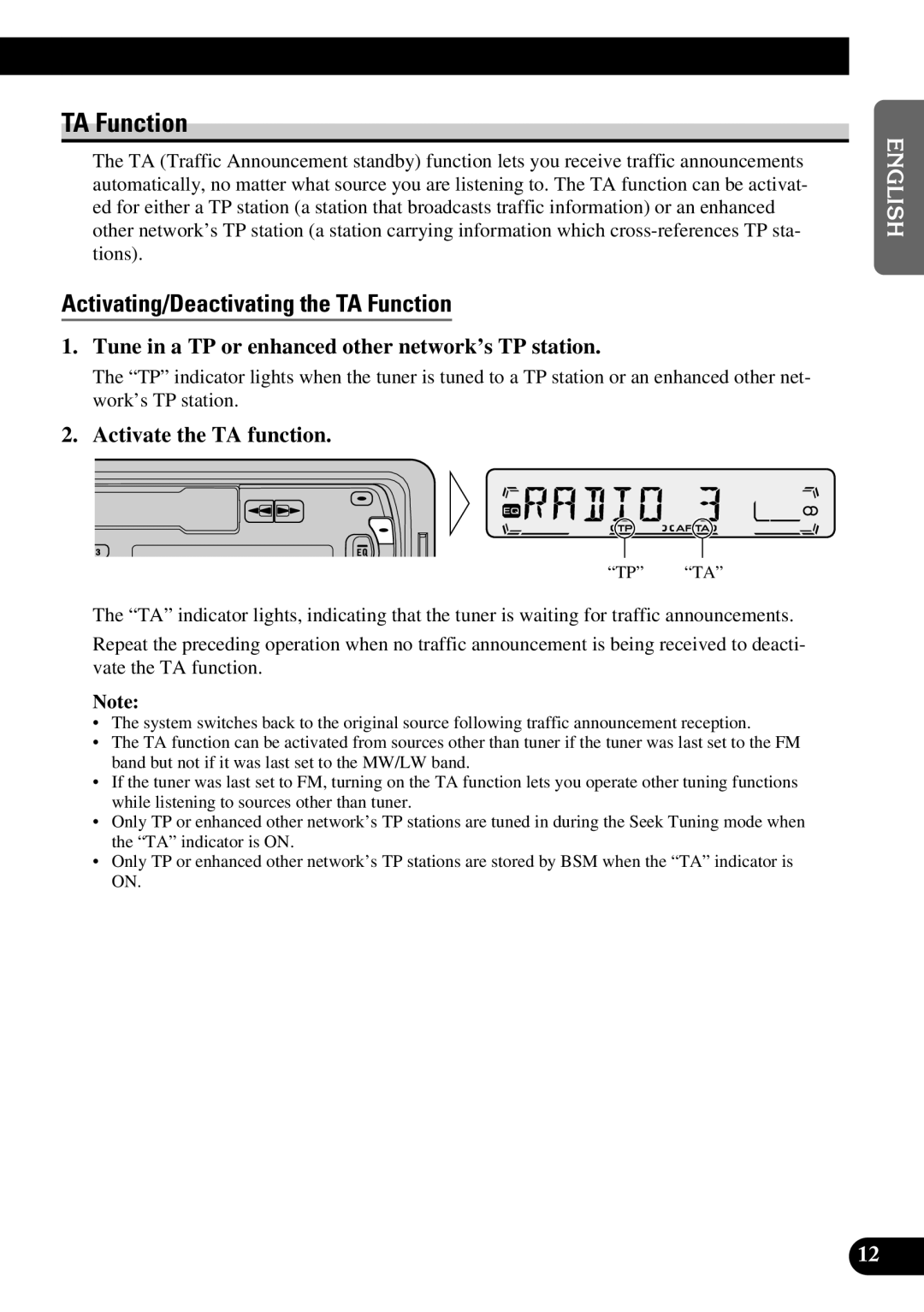 Pioneer KEH-P1010R Activating/Deactivating the TA Function, Tune in a TP or enhanced other network’s TP station 