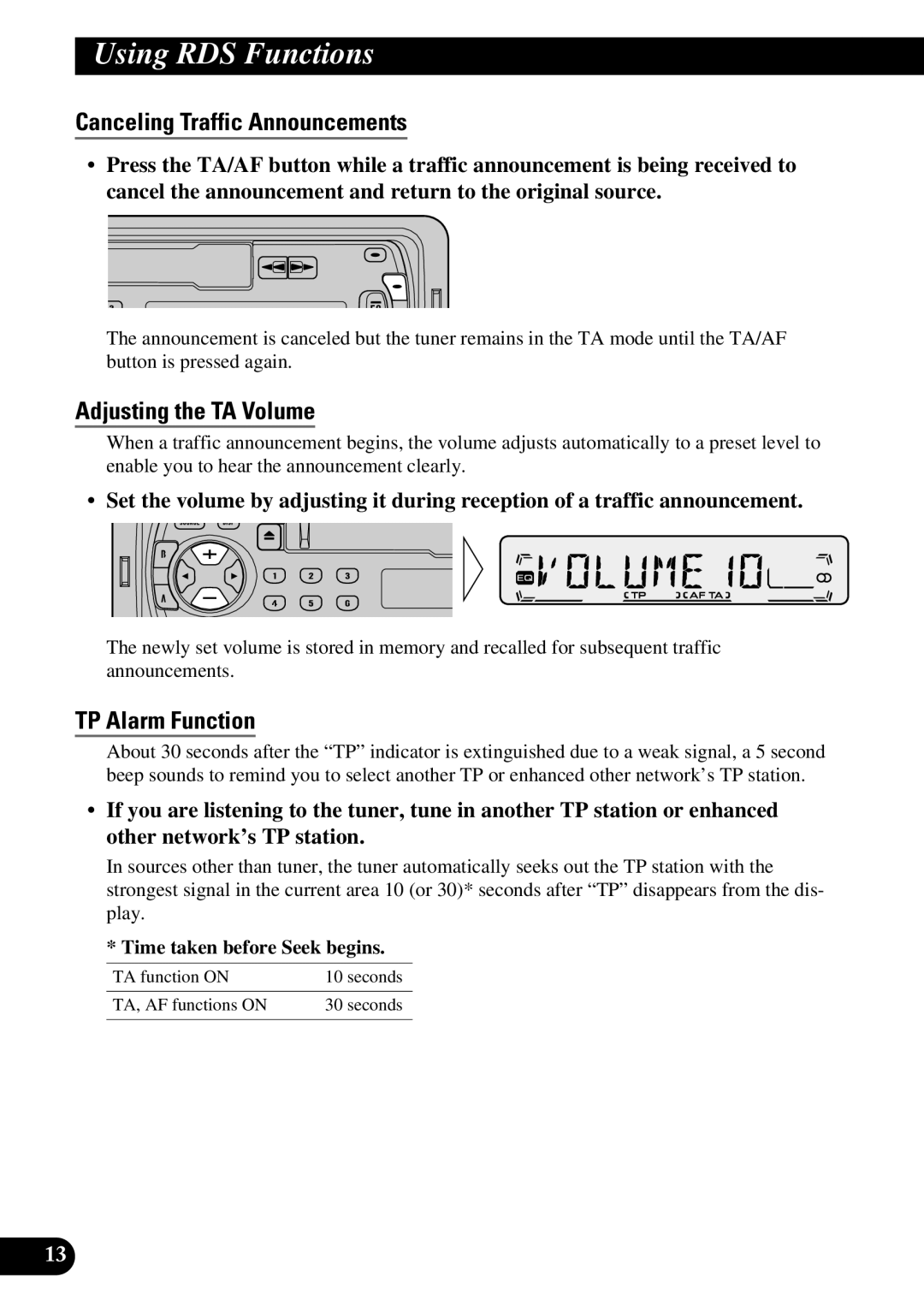 Pioneer KEH-P1013R, KEH-P1010R operation manual Canceling Traffic Announcements, Adjusting the TA Volume, TP Alarm Function 