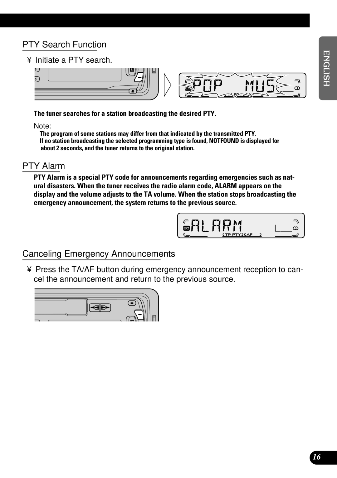 Pioneer KEH-P1010R, KEH-P1013R PTY Search Function, PTY Alarm, Canceling Emergency Announcements, Initiate a PTY search 