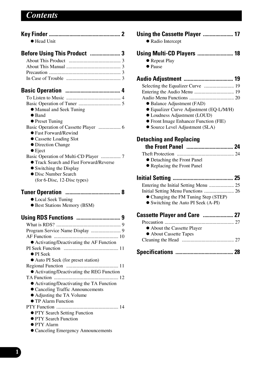 Pioneer KEH-P1013R, KEH-P1010R operation manual Contents 