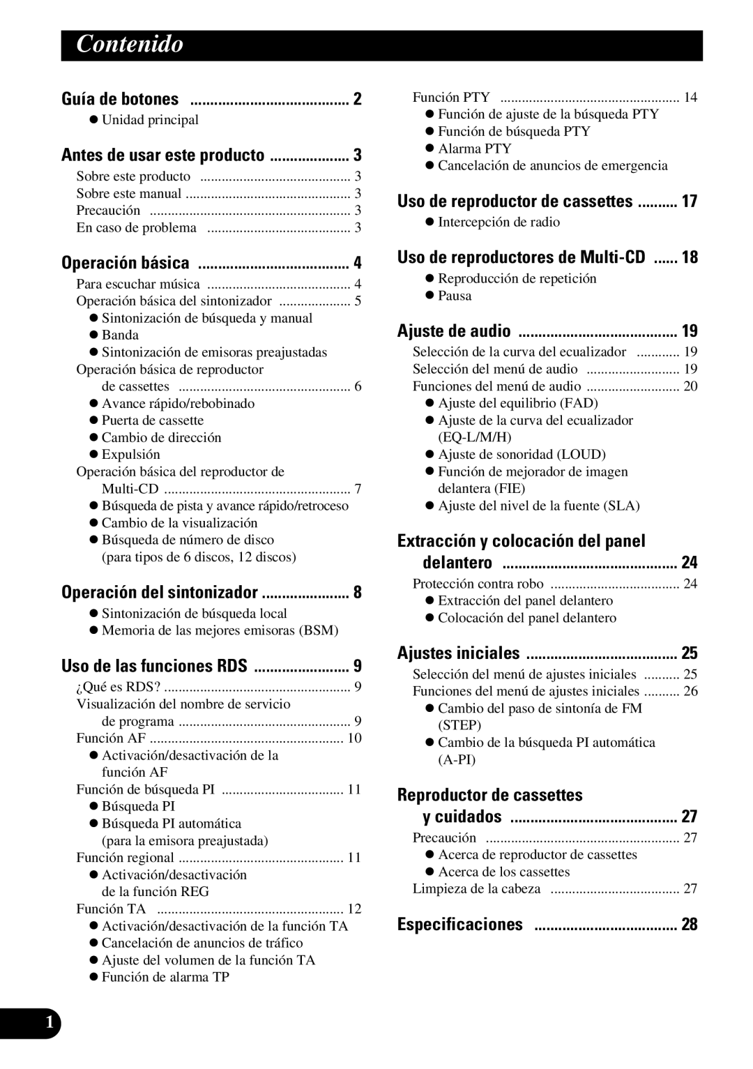 Pioneer KEH-P1013R, KEH-P1010R operation manual Contenido, Guía de botones 