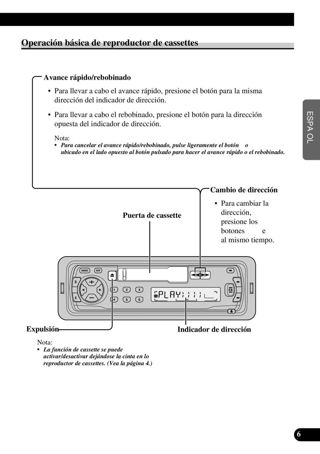 Pioneer KEH-P1010R Operación básica de reproductor de cassettes, Avance rápido/rebobinado, Puerta de cassette, Expulsión 