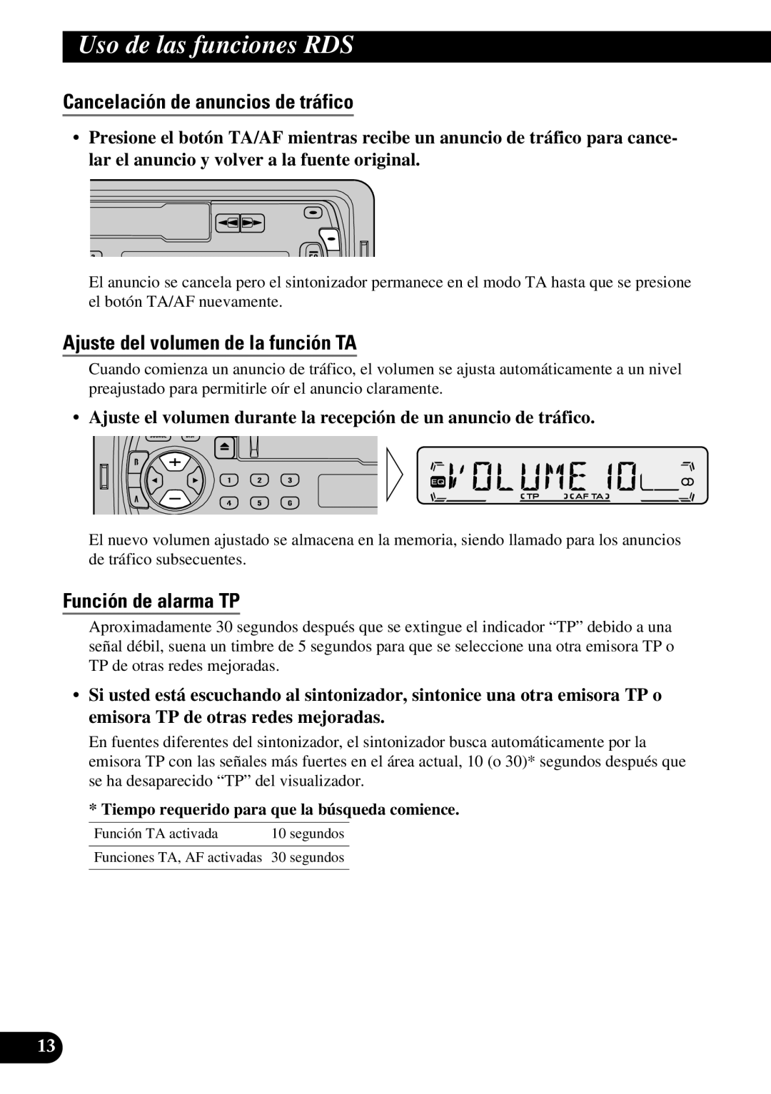 Pioneer KEH-P1013R Cancelación de anuncios de tráfico, Ajuste del volumen de la función TA, Función de alarma TP 