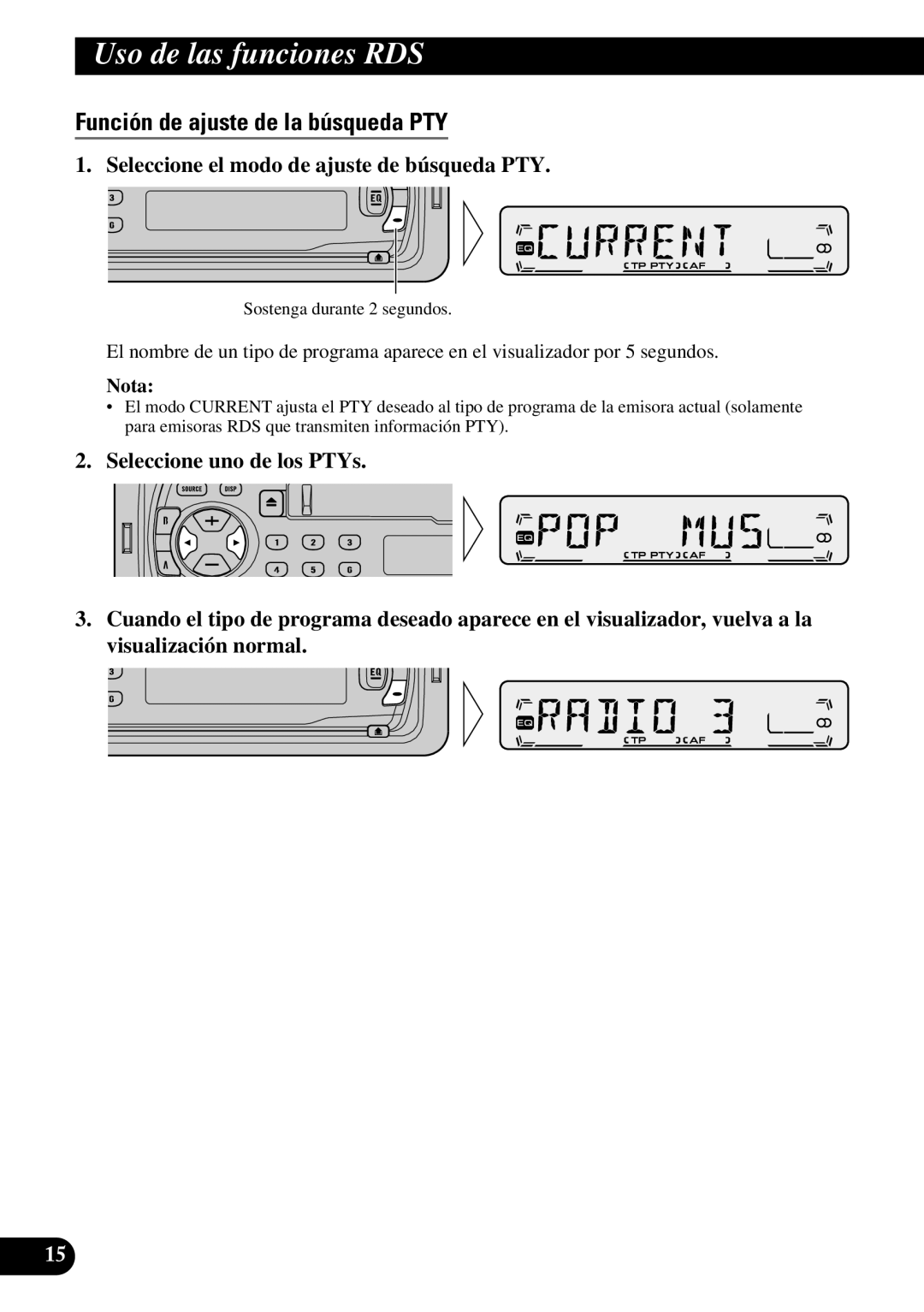 Pioneer KEH-P1013R, KEH-P1010R Función de ajuste de la búsqueda PTY, Seleccione el modo de ajuste de búsqueda PTY 