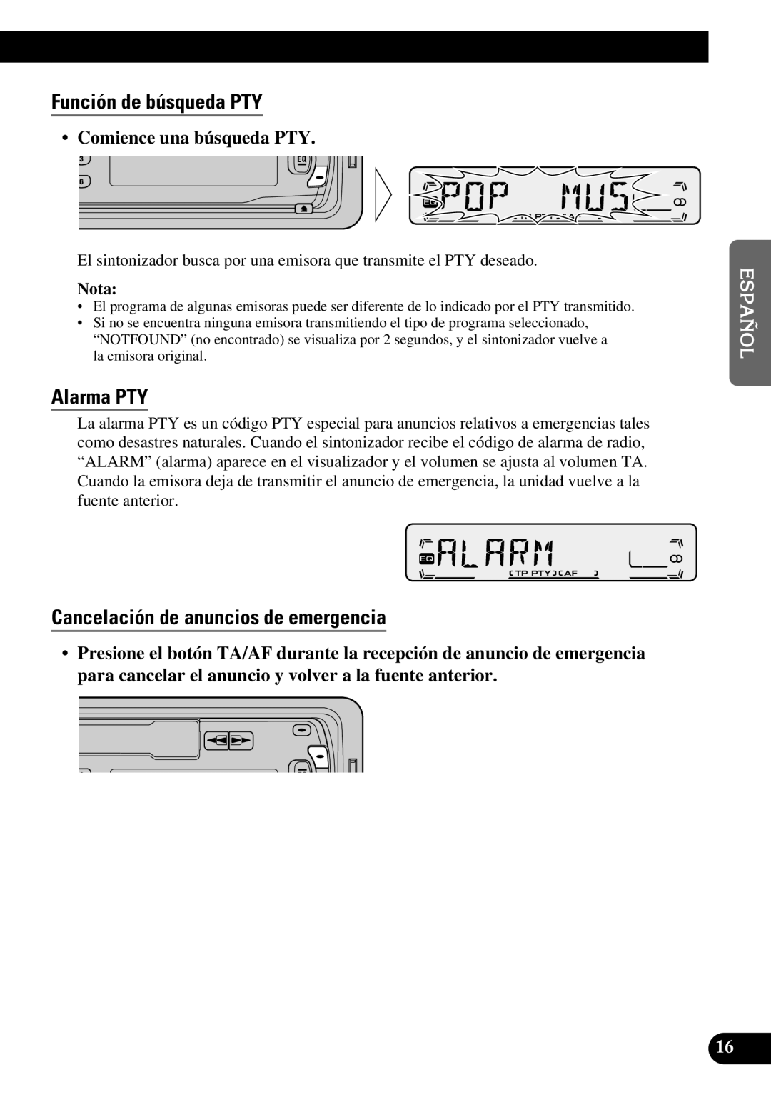 Pioneer KEH-P1010R Función de búsqueda PTY, Alarma PTY, Cancelación de anuncios de emergencia, Comience una búsqueda PTY 