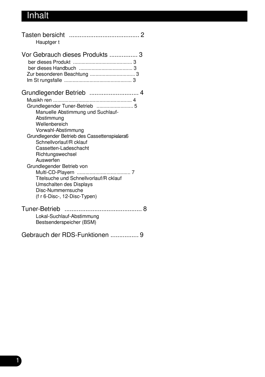 Pioneer KEH-P1013R, KEH-P1010R operation manual Inhalt, Tastenübersicht 