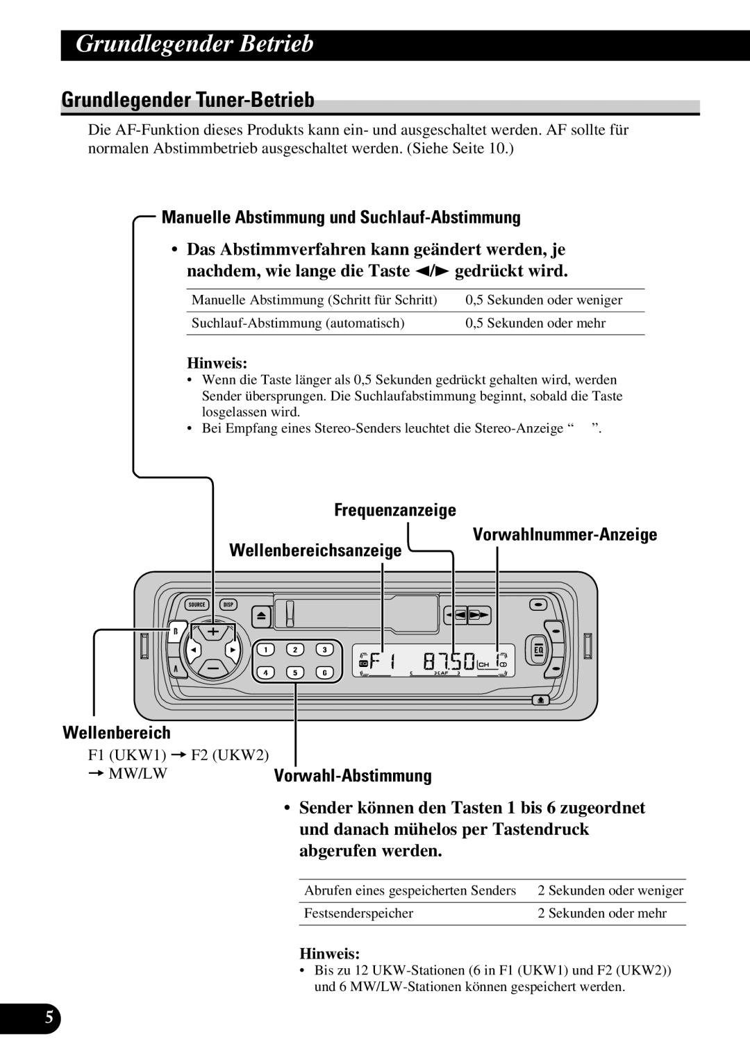 Pioneer KEH-P1013R, KEH-P1010R Grundlegender Tuner-Betrieb, Manuelle Abstimmung und Suchlauf-Abstimmung, Wellenbereich 