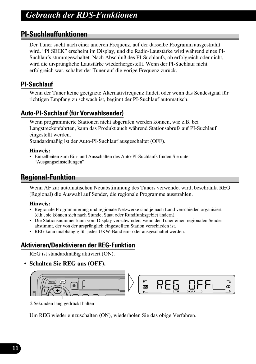 Pioneer KEH-P1013R, KEH-P1010R operation manual PI-Suchlauffunktionen, Regional-Funktion, Auto-PI-Suchlauf für Vorwahlsender 