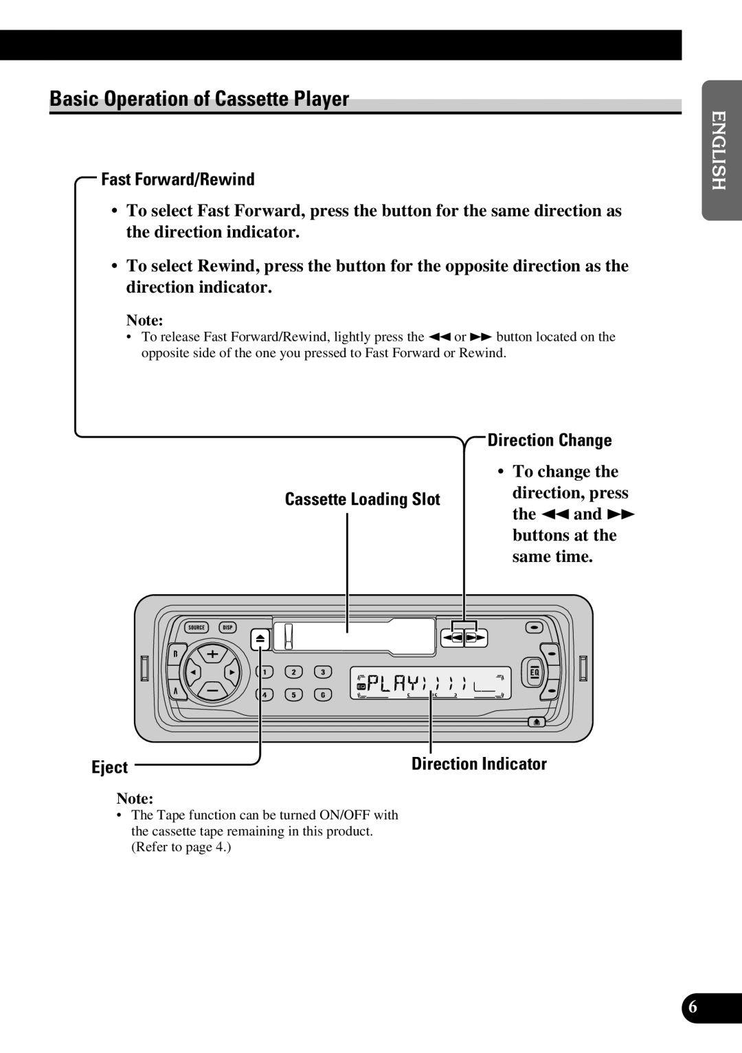 Pioneer KEH-P1010R Basic Operation of Cassette Player, Fast Forward/Rewind, Direction Change, Cassette Loading Slot, Eject 