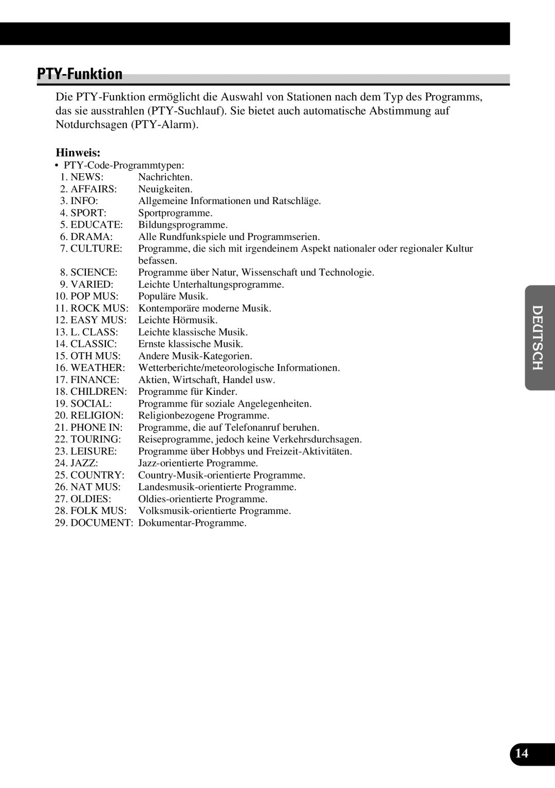 Pioneer KEH-P1010R, KEH-P1013R operation manual PTY-Funktion 