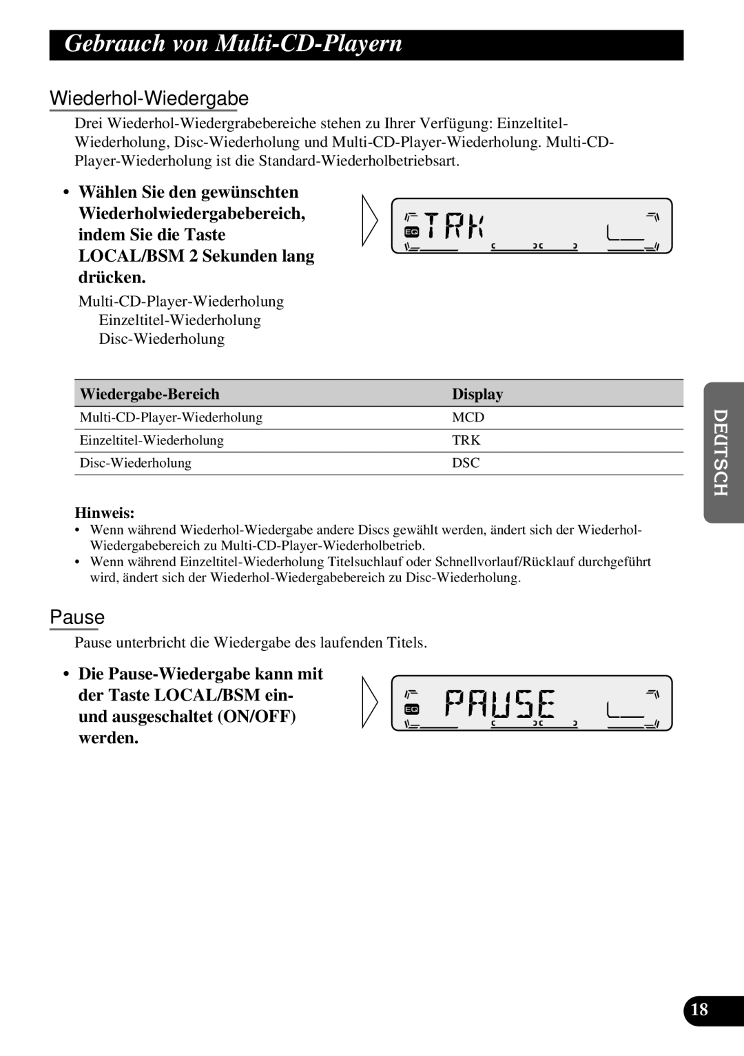 Pioneer KEH-P1010R, KEH-P1013R operation manual Gebrauch von Multi-CD-Playern, Wiederhol-Wiedergabe 