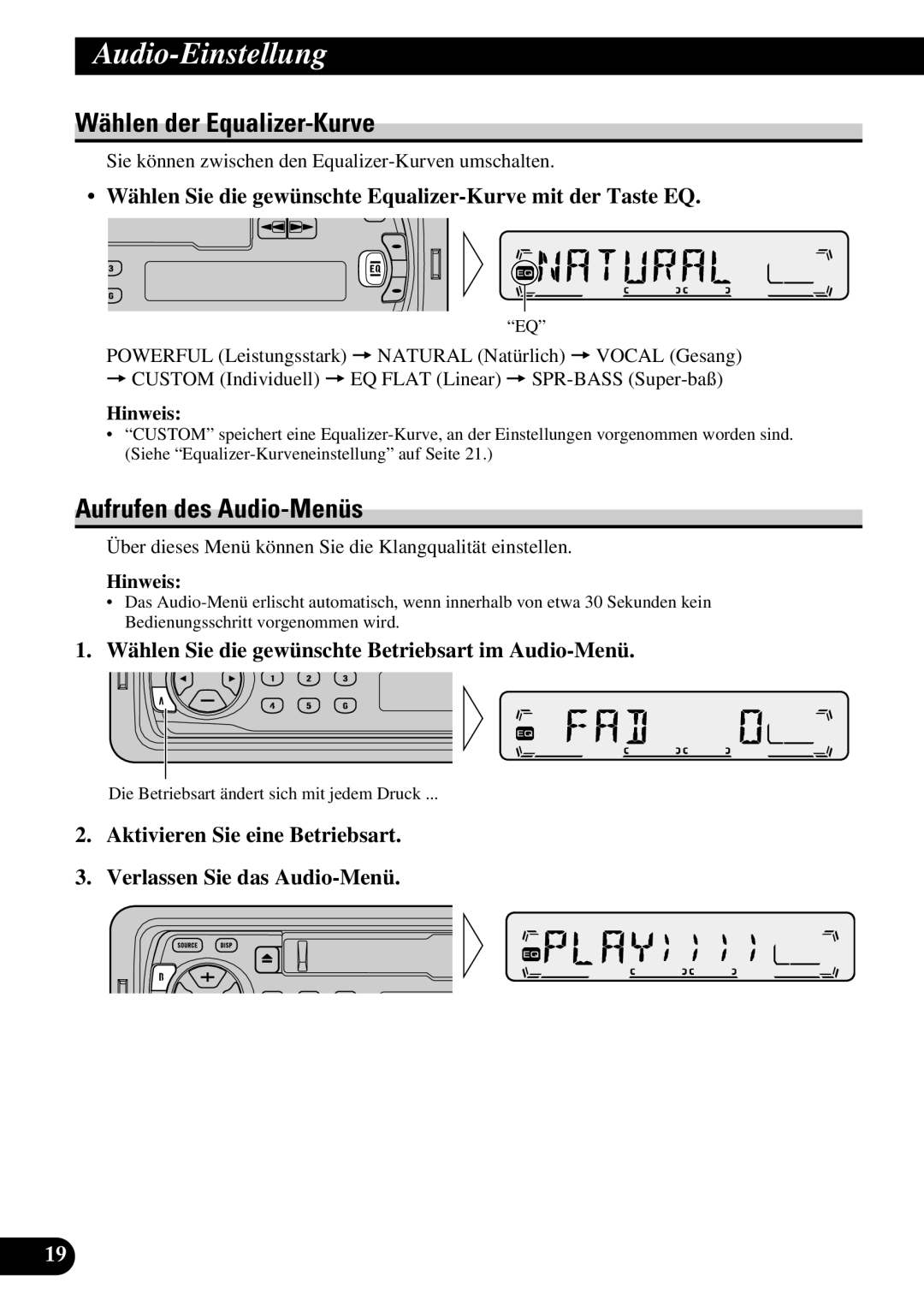 Pioneer KEH-P1013R, KEH-P1010R operation manual Audio-Einstellung, Wählen der Equalizer-Kurve, Aufrufen des Audio-Menüs 