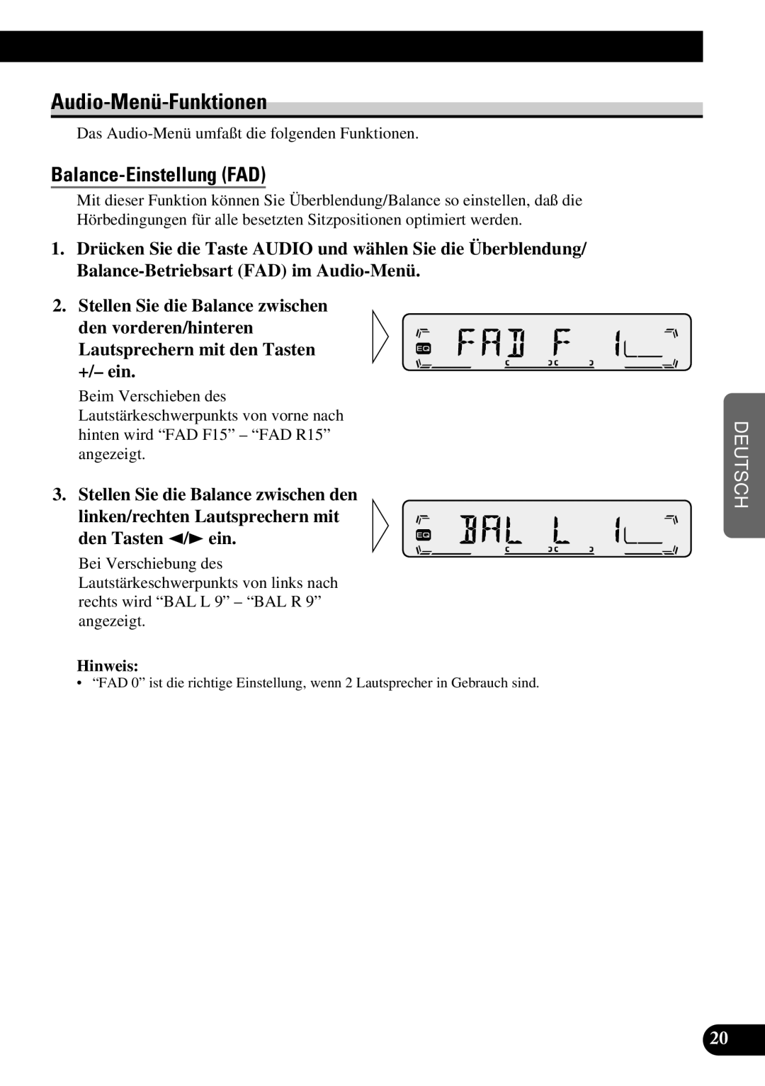 Pioneer KEH-P1010R, KEH-P1013R operation manual Audio-Menü-Funktionen, Balance-Einstellung FAD 