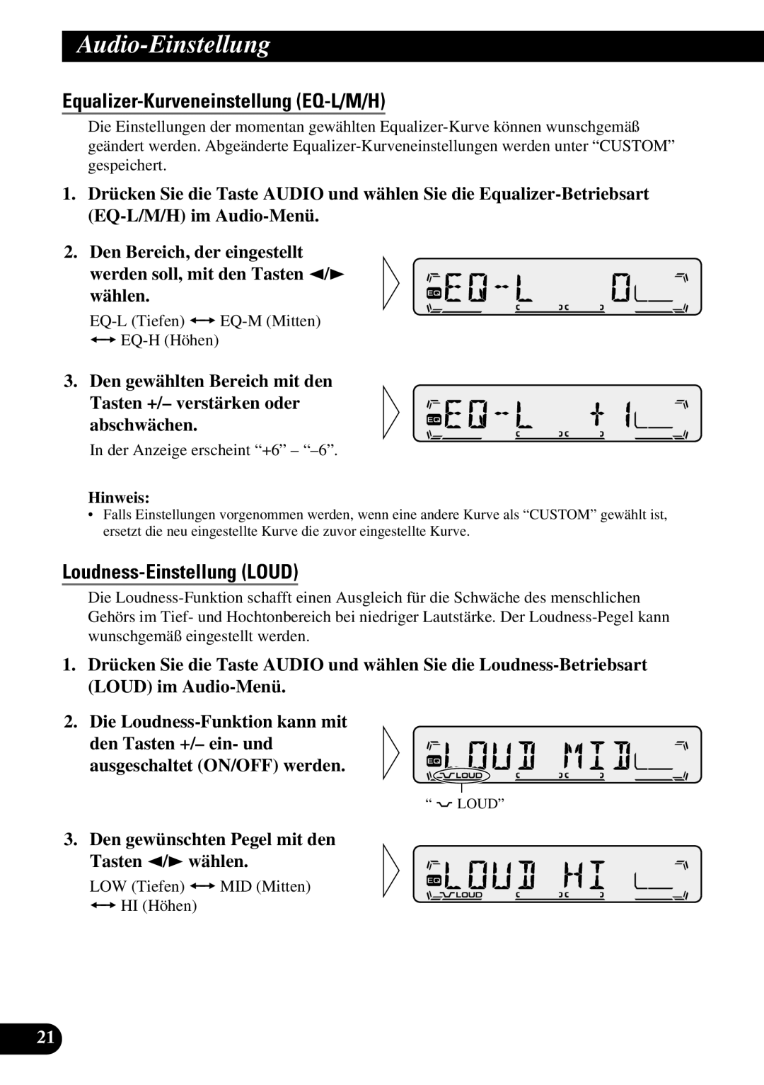 Pioneer KEH-P1013R, KEH-P1010R operation manual Equalizer-Kurveneinstellung EQ-L/M/H, Loudness-Einstellung Loud 