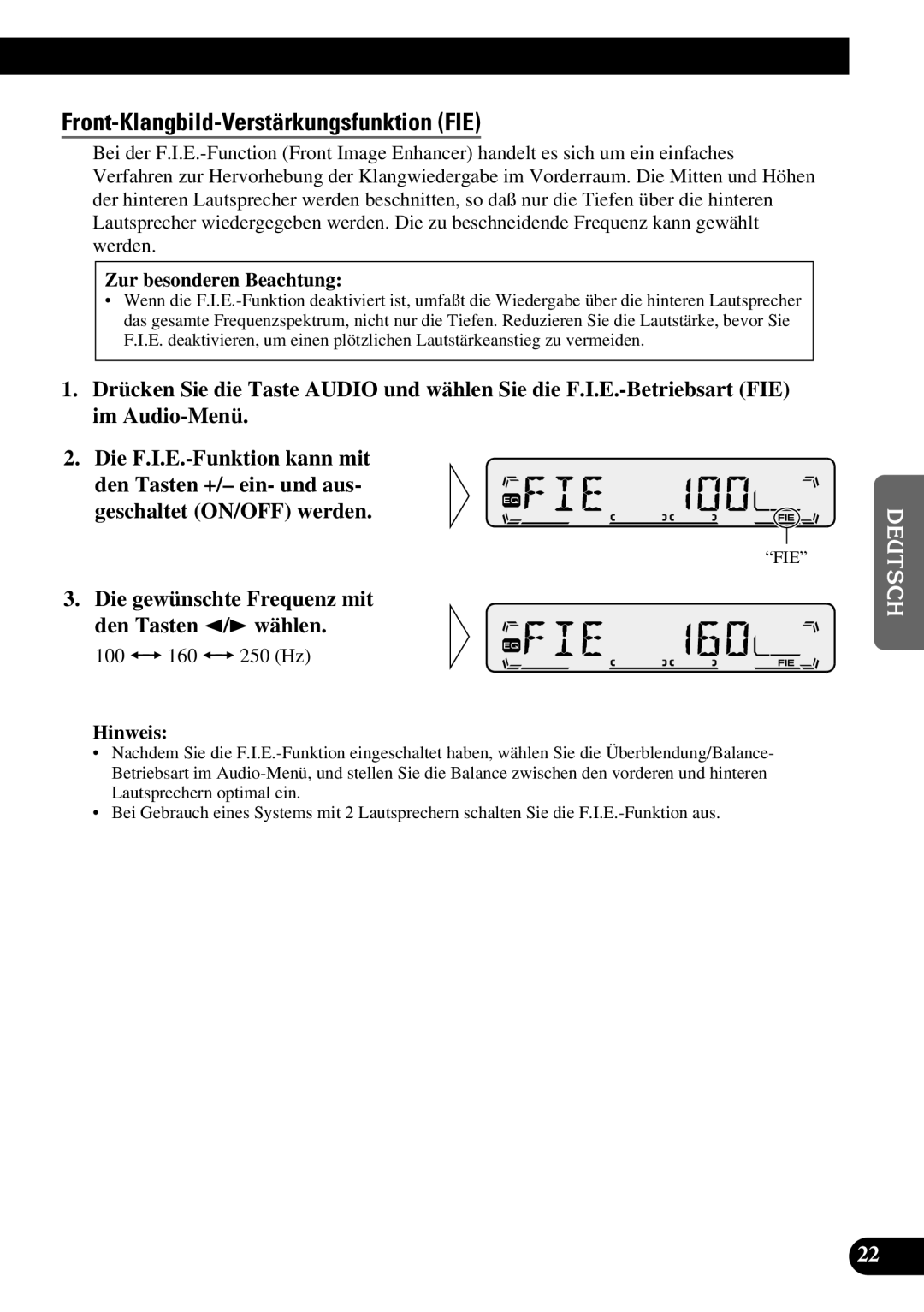 Pioneer KEH-P1010R, KEH-P1013R Front-Klangbild-Verstärkungsfunktion FIE, Die gewünschte Frequenz mit den Tasten 2/3 wählen 