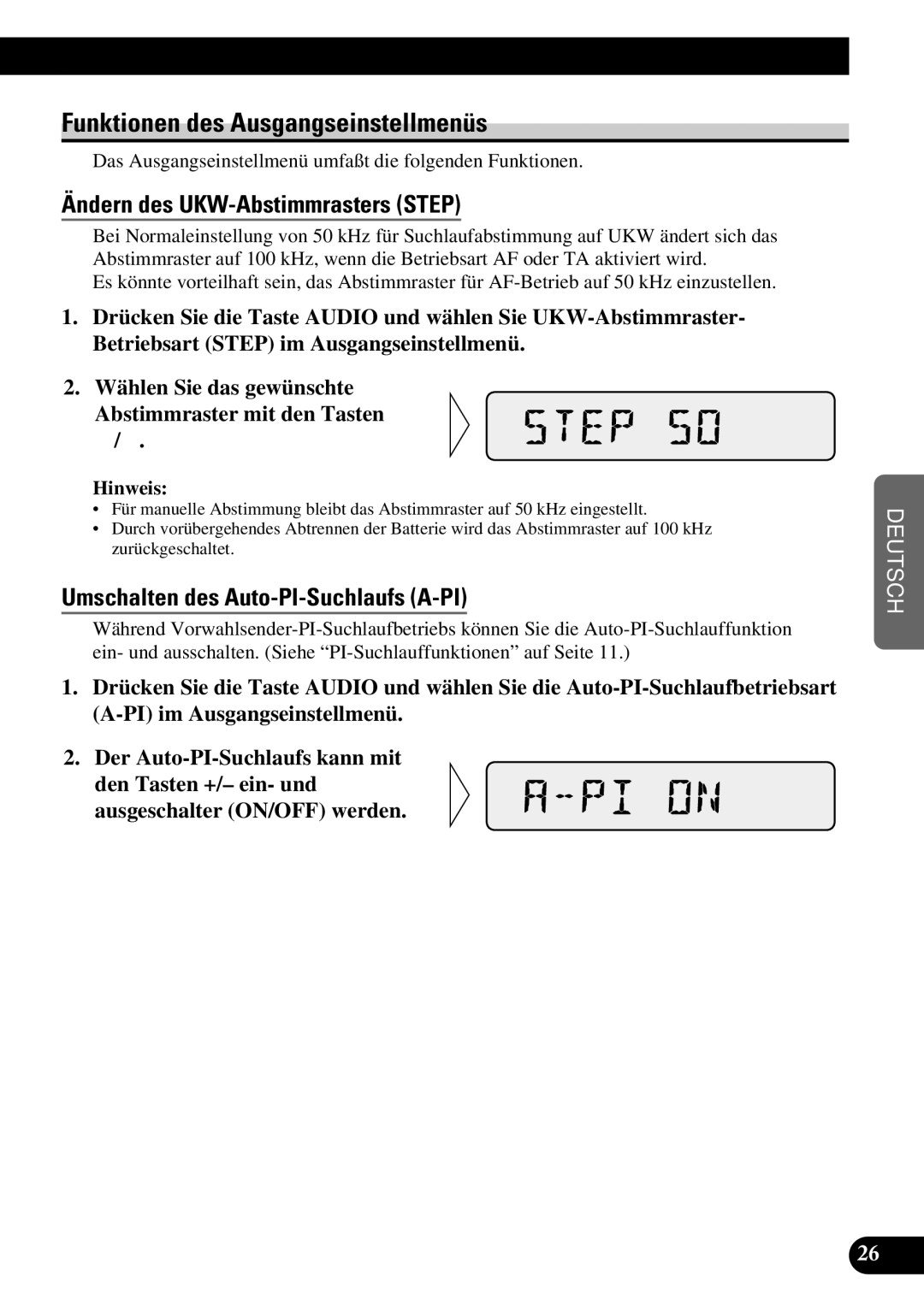 Pioneer KEH-P1010R, KEH-P1013R operation manual Funktionen des Ausgangseinstellmenüs, Ändern des UKW-Abstimmrasters Step 