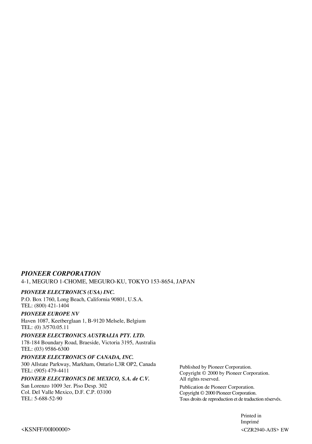 Pioneer KEH-P1013R, KEH-P1010R operation manual Pioneer Corporation 