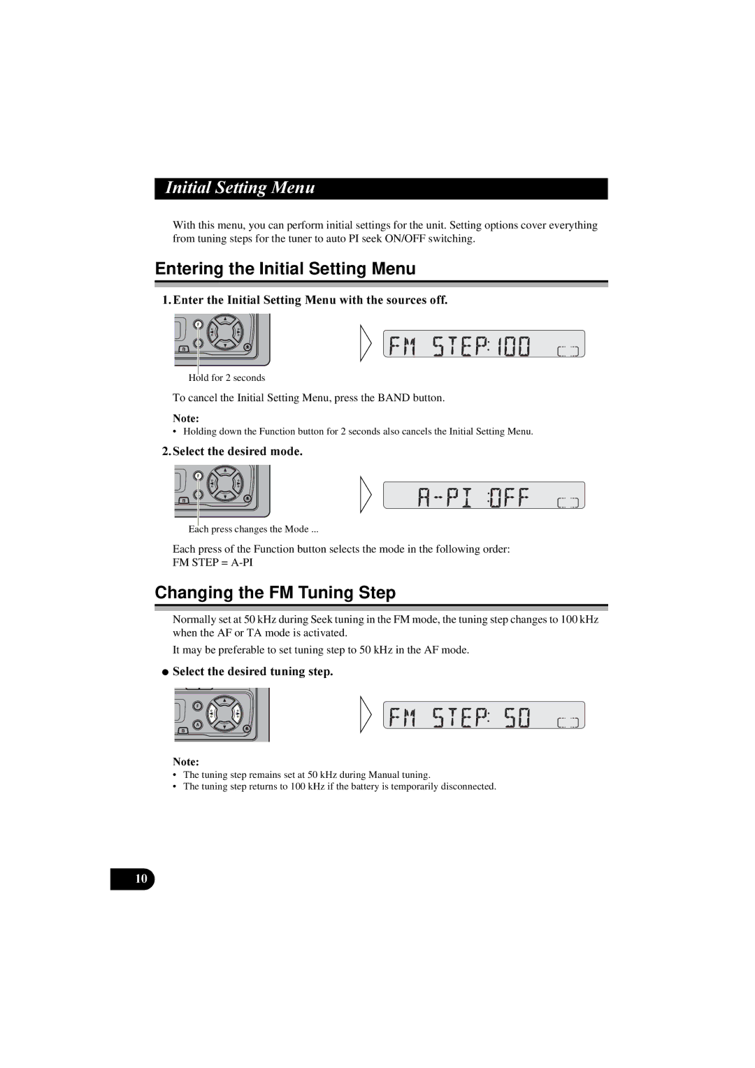 Pioneer KEH-P2830R, KEH-P2800R QLWLDO6HWWLQJ0HQX, Entering the Initial Setting Menu, Changing the FM Tuning Step 