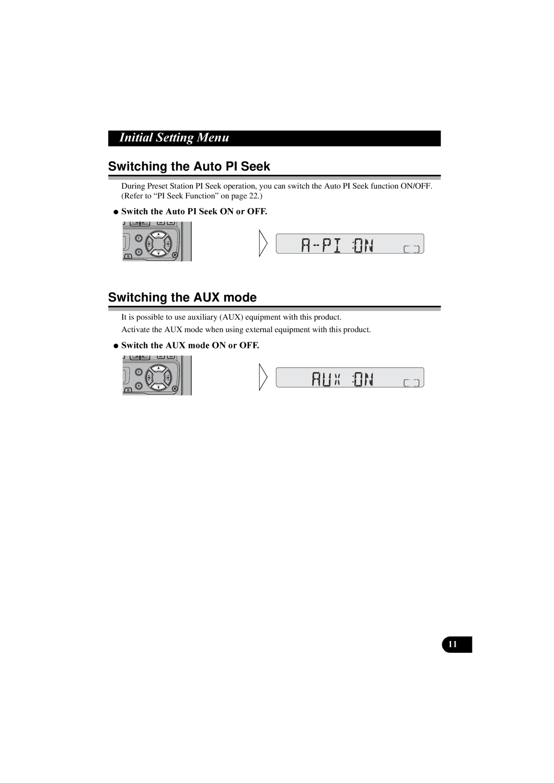 Pioneer KEH-P2800R Switching the Auto PI Seek, Switching the AUX mode, 6ZLWFKWKH$XWR3,6HHN21RU2, 6ZLWFKWKH$8PRGH21RU2 