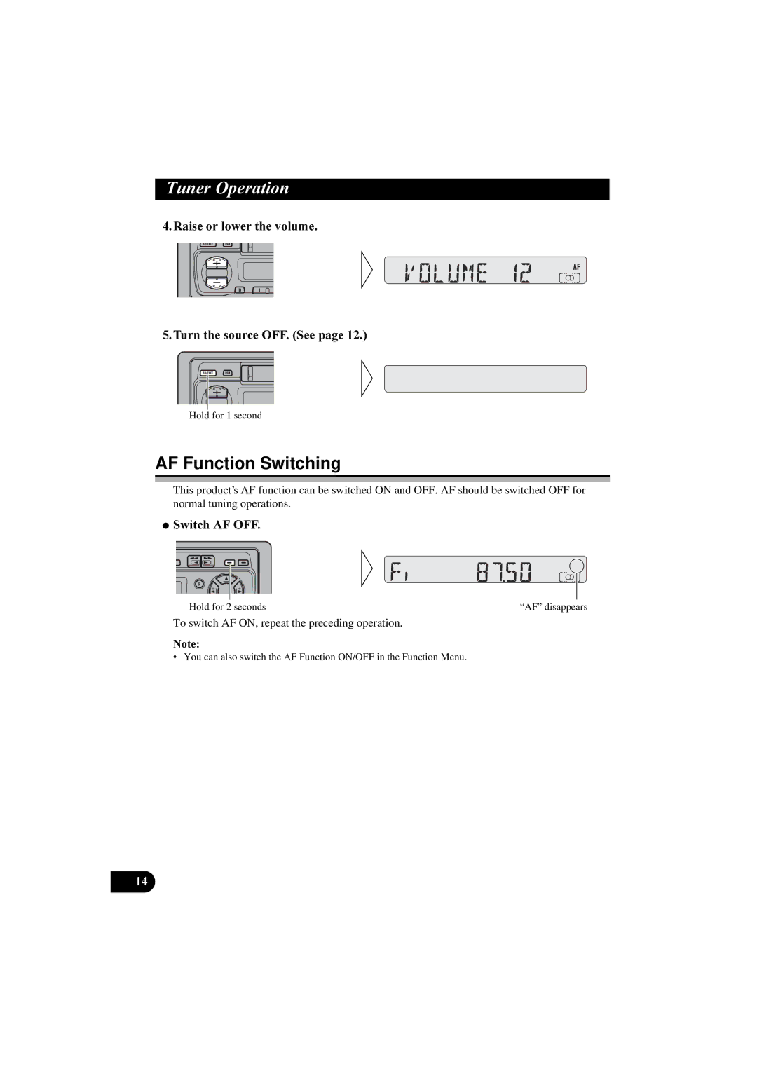 Pioneer KEH-P2830R, KEH-P2800R AF Function Switching, 5DLVHRUORZHUWKHYROXPH, 7XUQWKHVRXUFH26HHSDJH, 6ZLWFK$2 