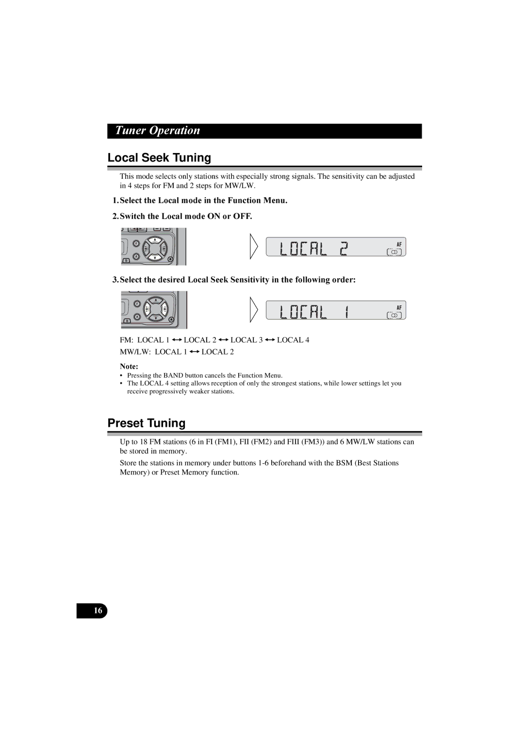 Pioneer KEH-P2830R Local Seek Tuning, Preset Tuning, 6HOHFWWKH/RFDOPRGHLQWKHXQFWLRQ0HQX 6ZLWFKWKH/RFDOPRGH21RU2 