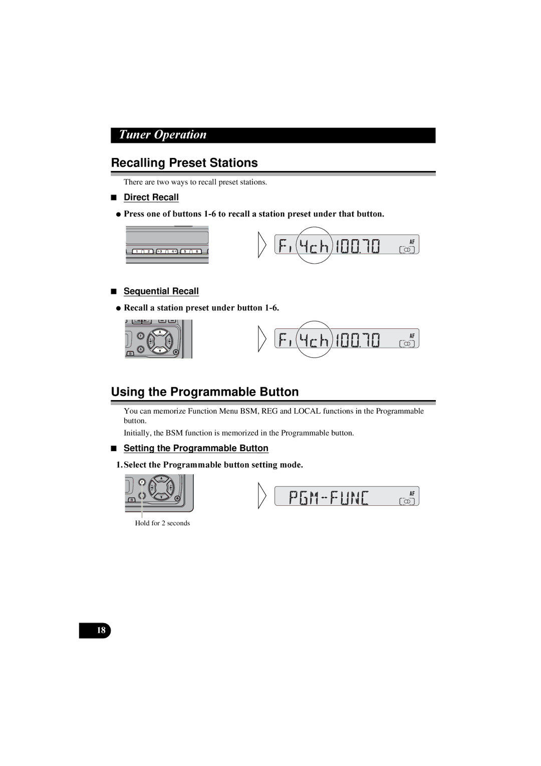 Pioneer KEH-P2830R, KEH-P2800R Recalling Preset Stations, Using the Programmable Button, Direct Recall, Sequential Recall 