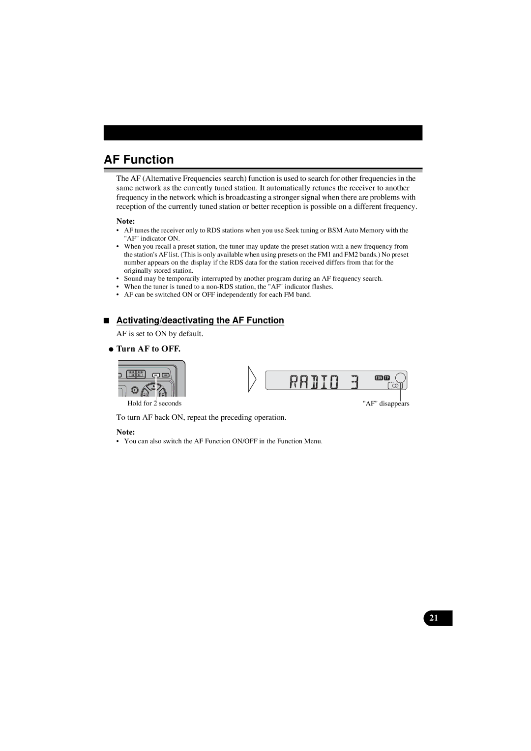 Pioneer KEH-P2800R, KEH-P2830R operation manual Activating/deactivating the AF Function, 7XUQ$WR2 